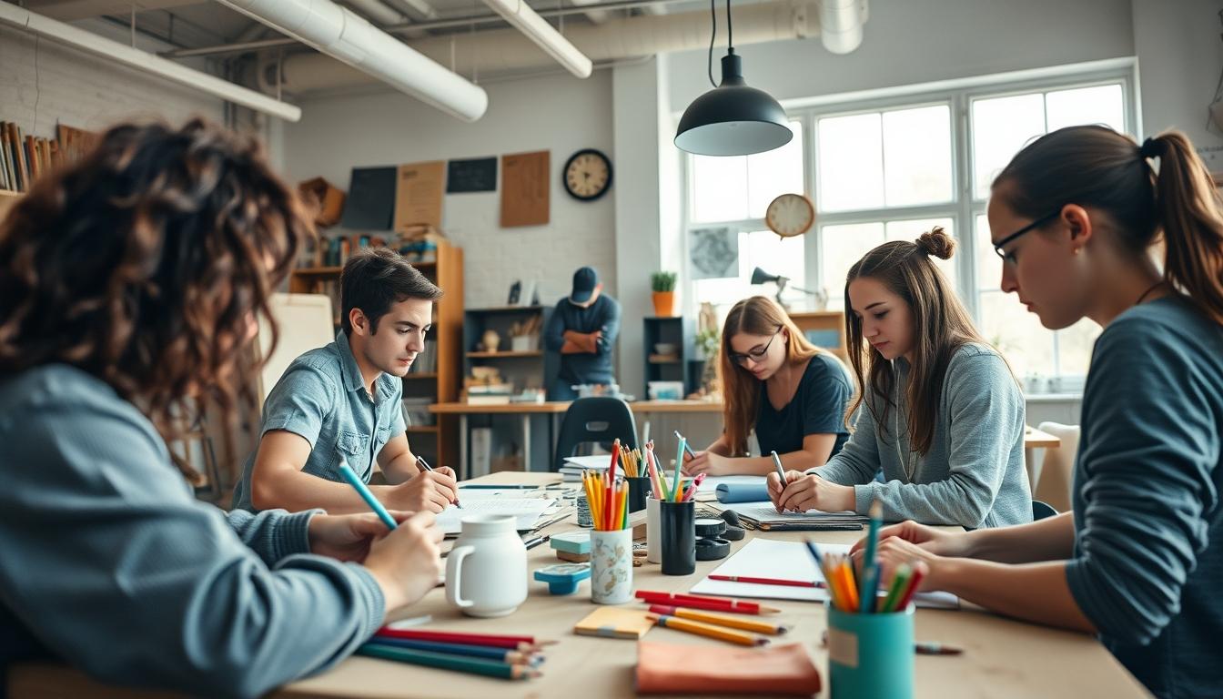 Students studying together in modern classroom